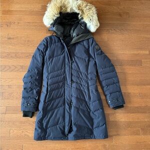 Canada Goose Women's Dark Blue Tech Lorette Parka with Fur Trim and Travel Bag